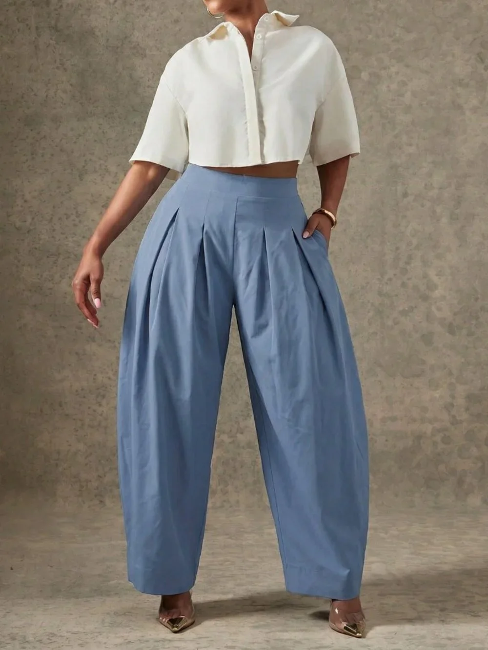 Dusty Blue Casual Women's High Waist Pleated Detail Barrel Leg Office Pants